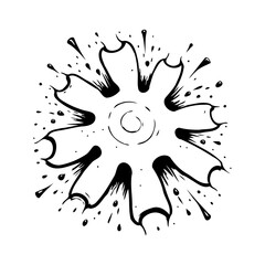 Black and white abstract burst design with petal-like shapes emanating from central circle and