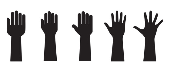 Hands raised up silhouettes. isolated on white background in different shapes.