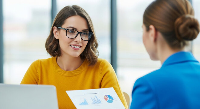 Businesswoman in yellow shirt presenting business chart to colleague in office during meeting - Powered by Adobe