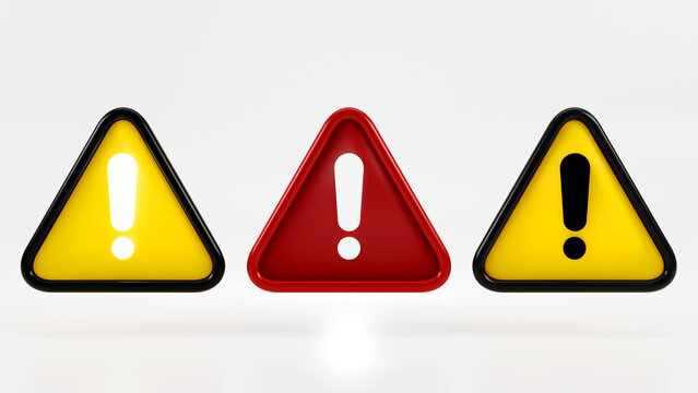 3D rendering of a warning road sign with an exclamation mark on white background