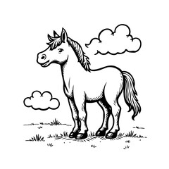 Cartoon illustration of a pony standing gracefully outdoors with clouds on a bright sunny day