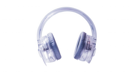 A pair of transparent headphones with gray earcups on  in a centered composition on transparent background