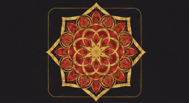 Intricate golden and red mandala design on textured black background