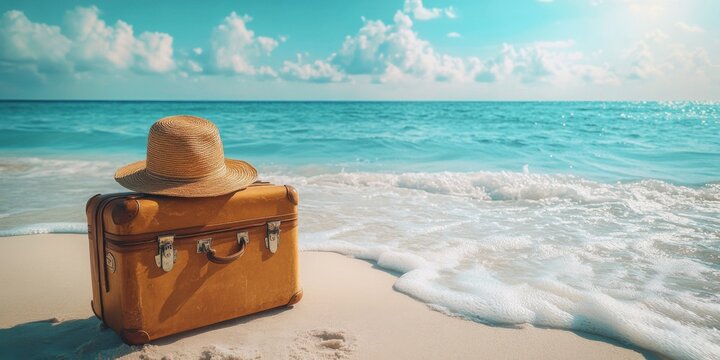 Relaxing beach getaway with luggage and straw hat tropical shoreline scenic view vacation concept