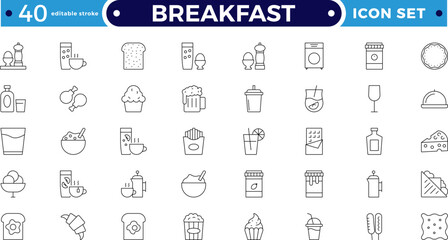 Breakfast Outline icon set. Contains such icons as burger, coffee, donut, bubble tea, pizza, French fries, tea, desserts, beer, hot dog, sushi and rolls, and cocktail. Editable stroke outline icon. 