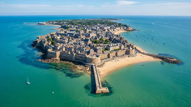 Aerial view of the walled city of saintmalo on a sunny day