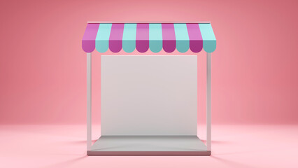 3D rendering of Blank sweet kiosk store or blank display shop with striped awning on pastel color background