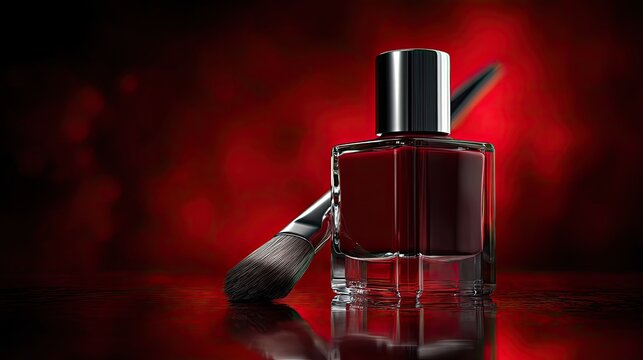 Glossy Red Nail Polish Bottle with Brush on Dark Background