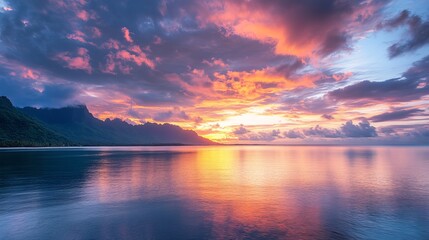 Vibrant sunset over south pacific lagoon in moorea, tropical ocean paradise