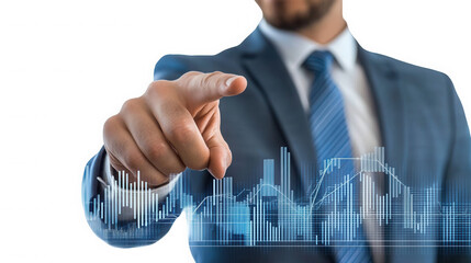 Businessman pointing at a digital graph overlay with a blue suit and black background in the image on transparent background