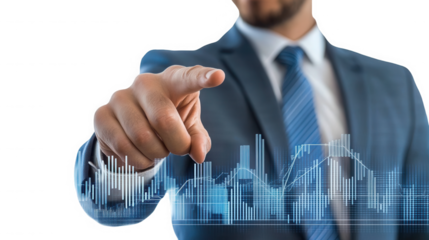 Businessman pointing at a digital graph overlay with a blue suit and black background in the image on transparent background