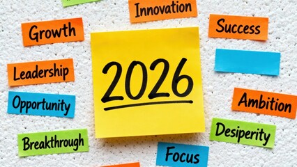 Bright sticky notes on a wall highlight 2026 with themes of growth, innovation, and success.