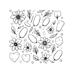 Delicate botanical sketches showcasing floral patterns, heart shapes, and leaf motifs, a whimsical