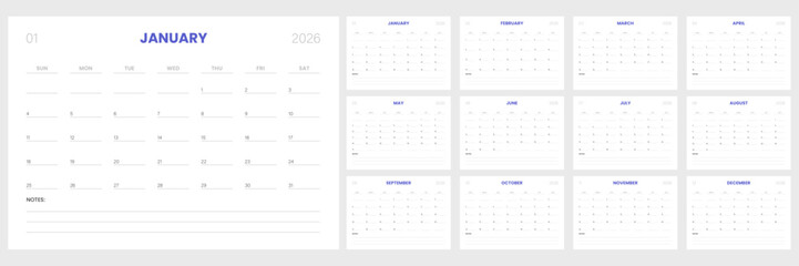 Simple and clean monthly calendar template for 2026. Week starts from sunday