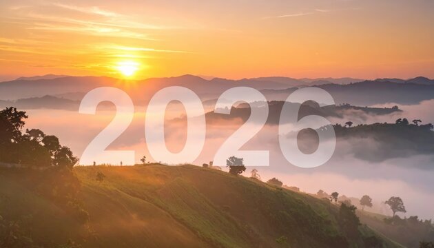2026 over sunrise mountain landscape — optimistic new year and fresh start concept