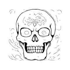 Detailed monochrome skull artwork with decorative forehead design featuring stylized wispy