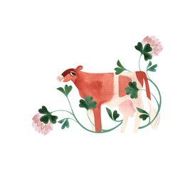 The Ayrshire is a Scottish breed of dairy cattle. Cow in a composition of meadow grasses and flowers. Isolated watercolor illustration in retro style for packaging, children's book and encyclopedia