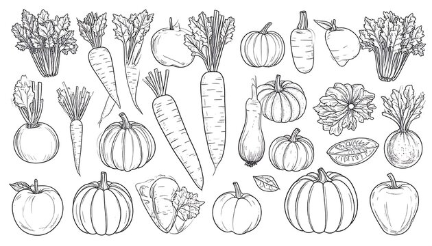 Array of hand-drawn vegetables in grayscale pumpkins, carrots, beetroots, and apples
