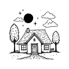 Dreamy house illustration amidst tranquil nature whimsical home at night hand drawn aesthetic