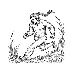Dynamic illustration of a man running through wild grass with determination and strength