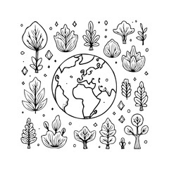 Earth surrounded by diverse plants foliage and shapes, a hand drawn linear illustration for