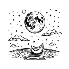 Dreamy nightscape featuring celestial bodies above calm waters and playful moon reflection