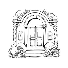 Elegant architectural door illustration with arched frame and floral adornments perfect for