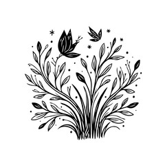 Elegant botanical arrangement featuring delicate blossoms leaves and subtle celestial elements