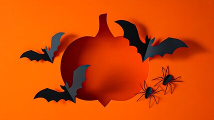 Fototapeta premium Halloween pumpkin cutout with bats and spiders on orange background