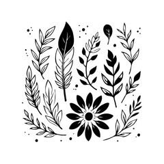 Elegant botanical arrangement featuring feathers, leaves, and a stylized flower for diverse design