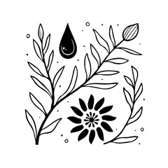 Elegant botanical doodle composition showcasing delicate floral elements with water droplet and
