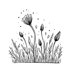 Elegant floral sketch with blooming flowers and buds amidst grass showcasing delicate lines