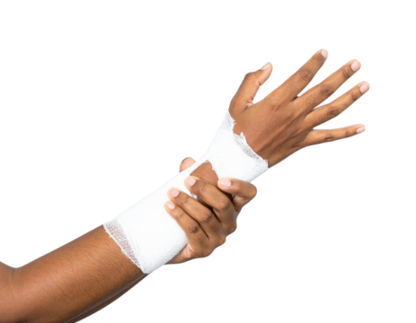 A close-up of a hand and wrist wrapped in white bandages against a black background, indicating injury or medical treatment.