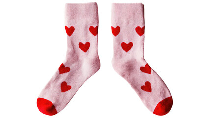 a pair of pink socks with red hearts isolated on white background