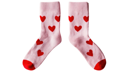 a pair of pink socks with red hearts isolated on white background