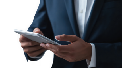 A person in a suit holding a tablet device with dark background in a close up shot of the hands and device on transparent background
