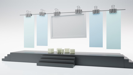 Presentation stage talk show backdrop with table sofa on pastel background, 3D rendering