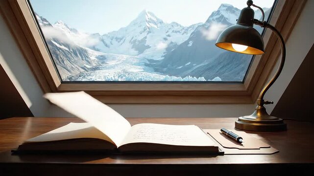 Cozy study nook with an open book and lamp on a desk overlooking a majestic snow-capped mountain range through a sunlit attic window