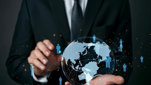 Businessman with hands holding global network of people icons around world map animation for social connection and communication video