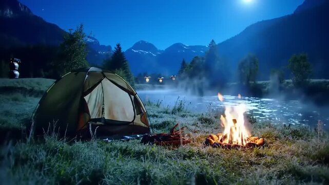 Camping adventure tent by fire under night sky with mountains