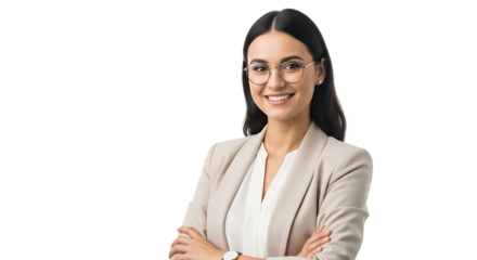 Confident businesswoman with glasses smiling in a professional beige suit with her arms crossed against a looking directly at the viewer
