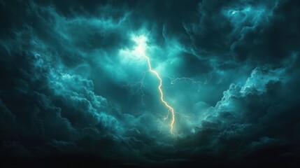 Bright lightning bolt striking through dramatic dark storm clouds with an intense and powerful sky