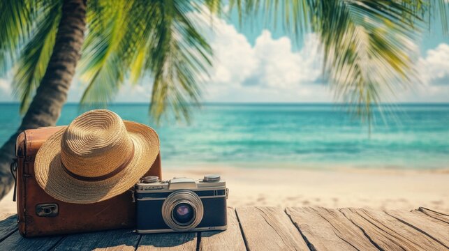 Relaxing beach scene with vintage camera and hat tropical island photography scenic view travel inspiration