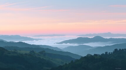 Majestic sunrise over rolling green hills covered in mist and fog, with layered mountain ranges fading into the horizon under a soft pastel sky, creating a peaceful natural landscape background for de