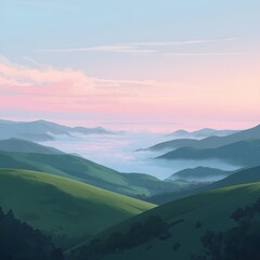 Fototapeta premium Majestic sunrise over rolling green hills covered in mist and fog, with layered mountain ranges fading into the horizon under a soft pastel sky, creating a peaceful natural landscape background for de