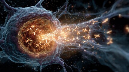 An activated B-cell transforms into a plasma cell factory, producing thousands of glowing Y-shaped antibodies.