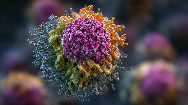 A mast cell degranulating and releasing histamine, triggering an allergic reaction, in the style of an SEM image.