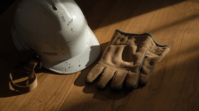 A white hard hat and a pair of work gloves resting on a wooden surface with soft lighting present