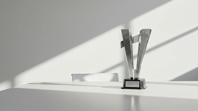Silver abstract metal trophy sculpture stands on white table under streaming sunlight