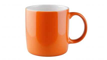 Bright orange mug with a white interior against a stark on transparent background